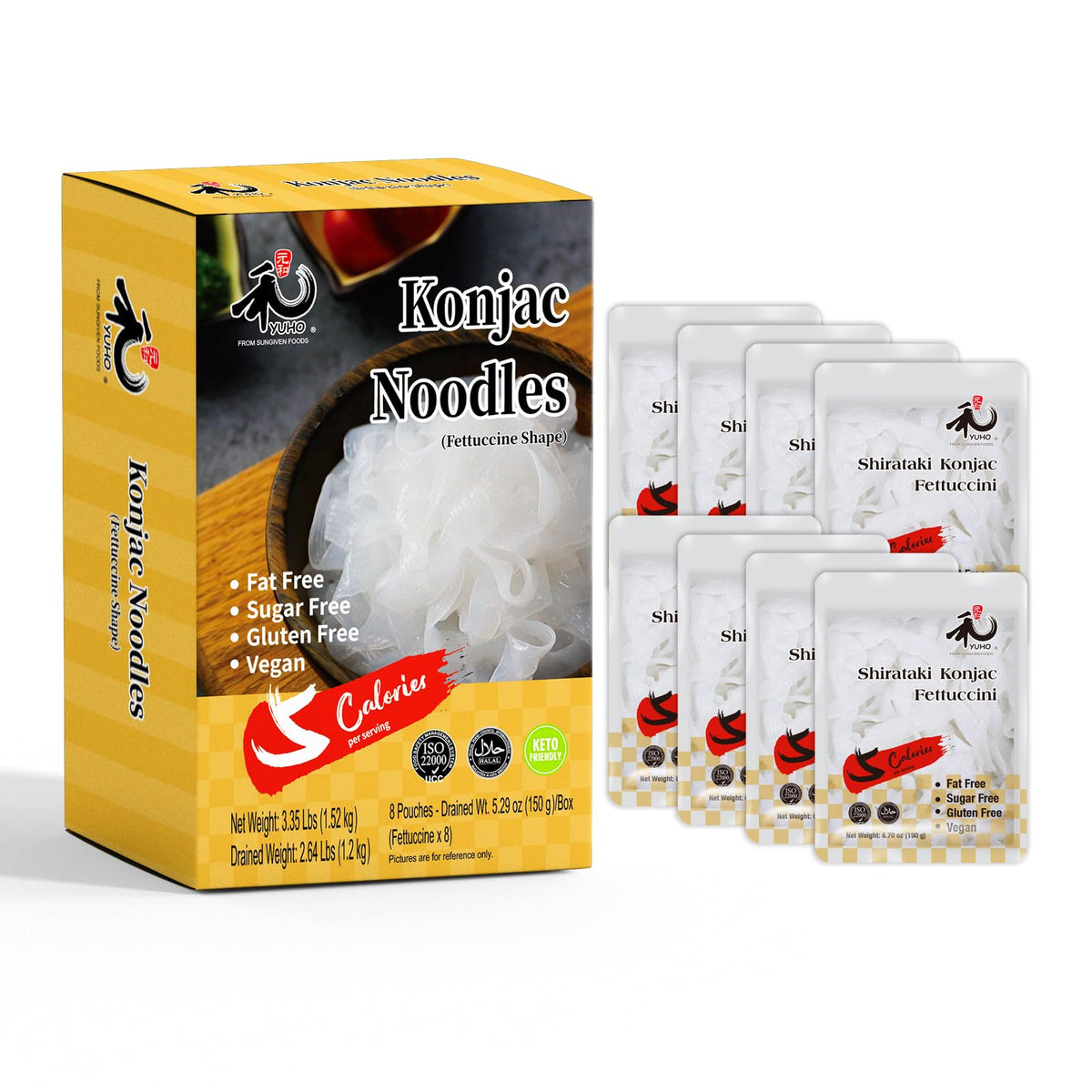YUHO Shirataki Konjac Noodles Fettuccine – Keto, Gluten Free, Low Carb, 8-Pack