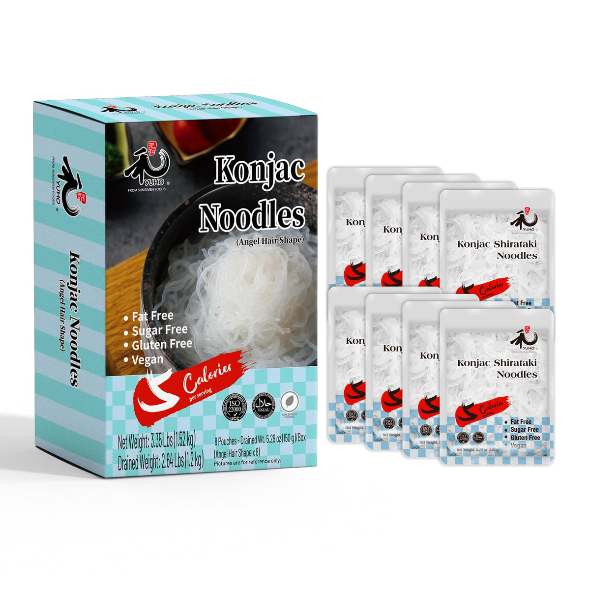 YUHO Shirataki Konjac Noodles Angel Hair Pasta - Keto, Gluten Free, Low Carb, 8-Pack (53.61 oz)