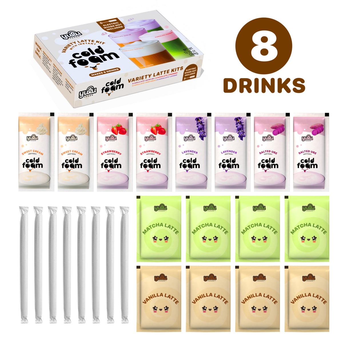 YULU FOODS Instant Latte + Cold Foam Variety Kit — 8 Drinks, 8.47 oz | Matcha & Vanilla Lattes + Strawberry, Lavender, Sweet Cream & Ube Cold Foams | Shelf-Stable, Non-Dairy