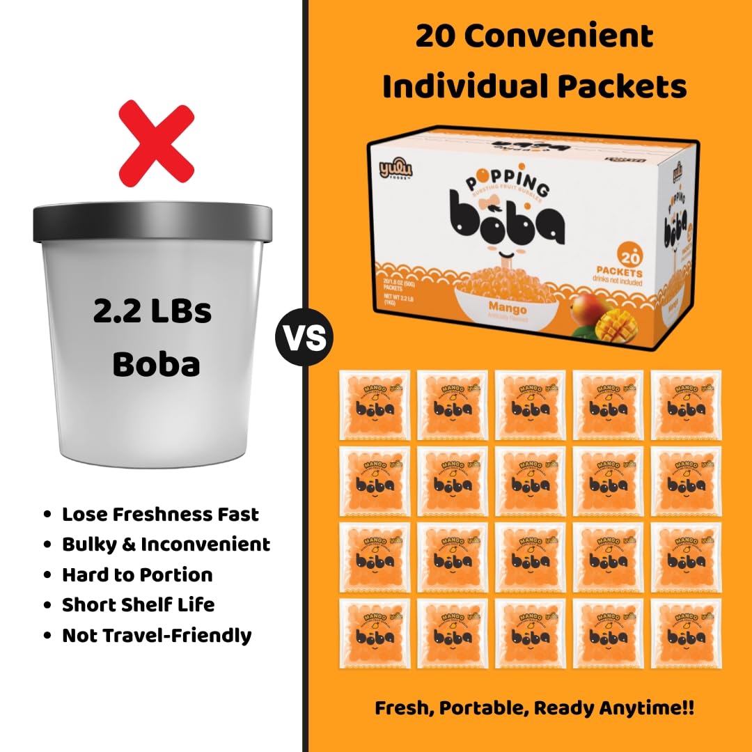 YULU FOODS Mango Popping Boba Pearls – 20 Pack Ready-to-Eat, Gluten-Free & Vegan
