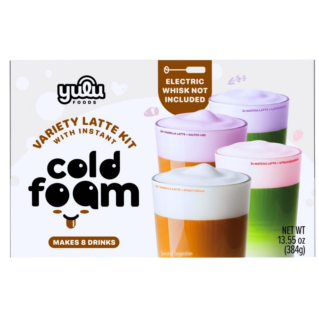 YULU FOODS Instant Latte + Cold Foam Variety Kit — 8 Drinks, 8.47 oz | Matcha & Vanilla Lattes + Strawberry, Lavender, Sweet Cream & Ube Cold Foams | Shelf-Stable, Non-Dairy