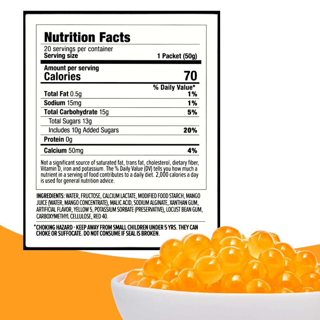 YULU FOODS Mango Popping Boba Pearls – 20 Pack Ready-to-Eat, Gluten-Free & Vegan
