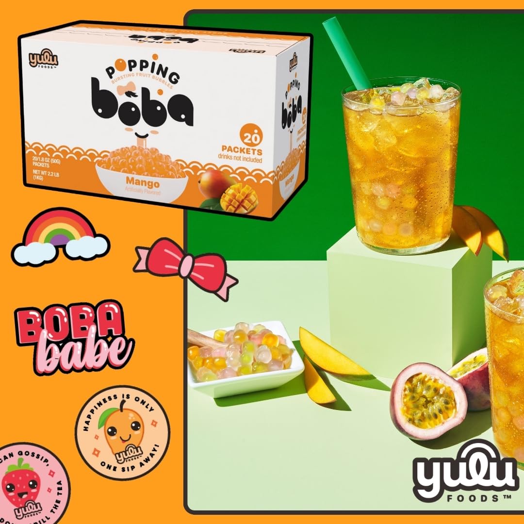 YULU FOODS Mango Popping Boba Pearls – 20 Pack Ready-to-Eat, Gluten-Free & Vegan