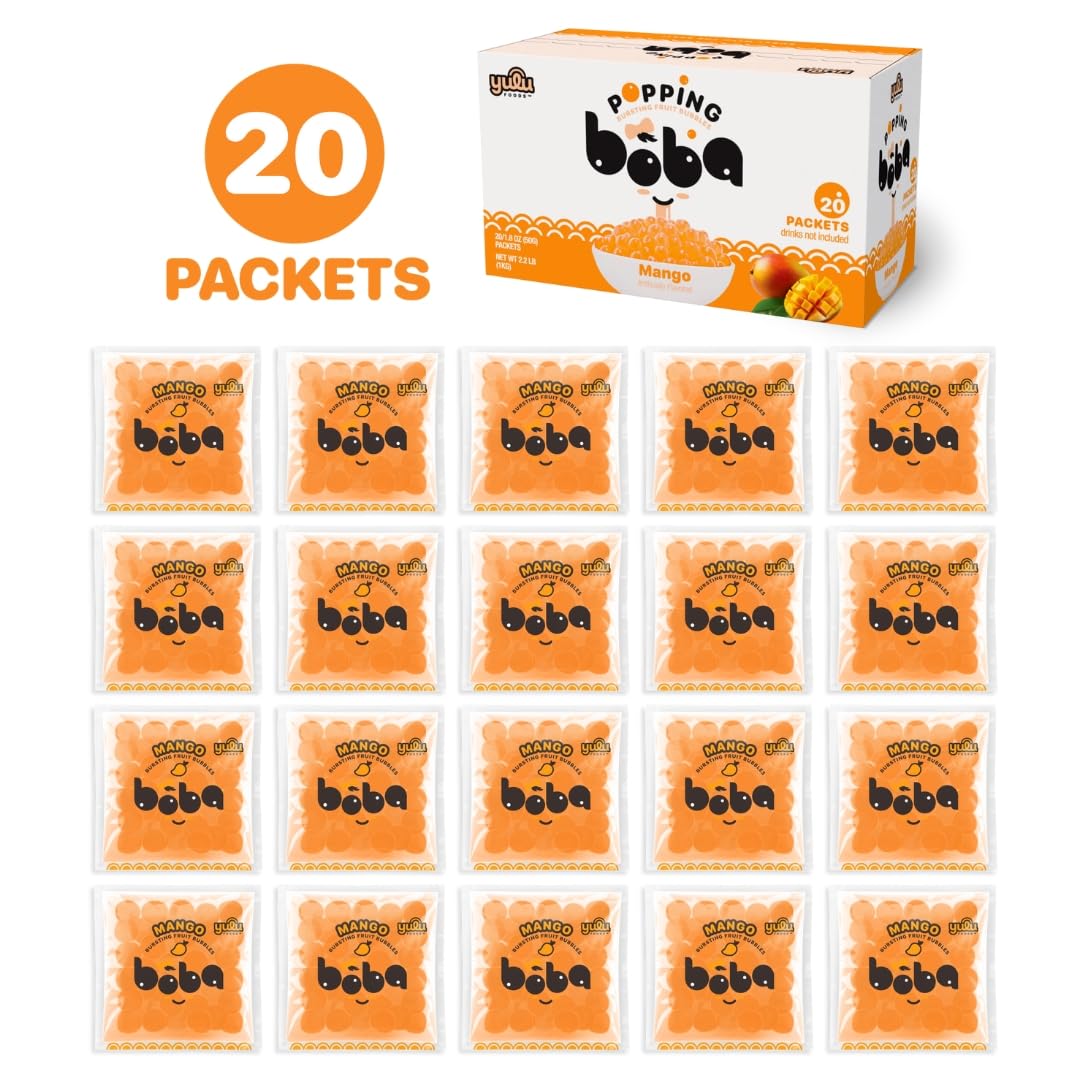 YULU FOODS Mango Popping Boba Pearls – 20 Pack Ready-to-Eat, Gluten-Free & Vegan
