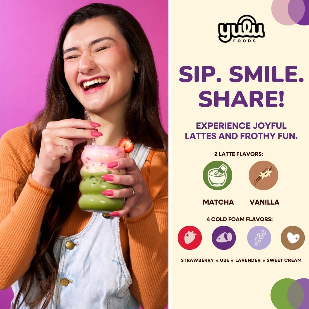 YULU FOODS Instant Latte + Cold Foam Variety Kit — 8 Drinks, 8.47 oz | Matcha & Vanilla Lattes + Strawberry, Lavender, Sweet Cream & Ube Cold Foams | Shelf-Stable, Non-Dairy