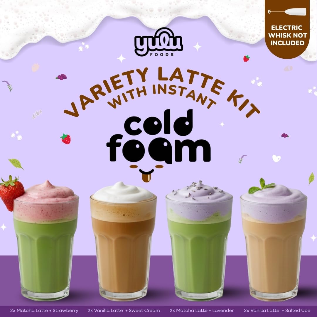 YULU FOODS Instant Latte + Cold Foam Variety Kit — 8 Drinks, 8.47 oz | Matcha & Vanilla Lattes + Strawberry, Lavender, Sweet Cream & Ube Cold Foams | Shelf-Stable, Non-Dairy