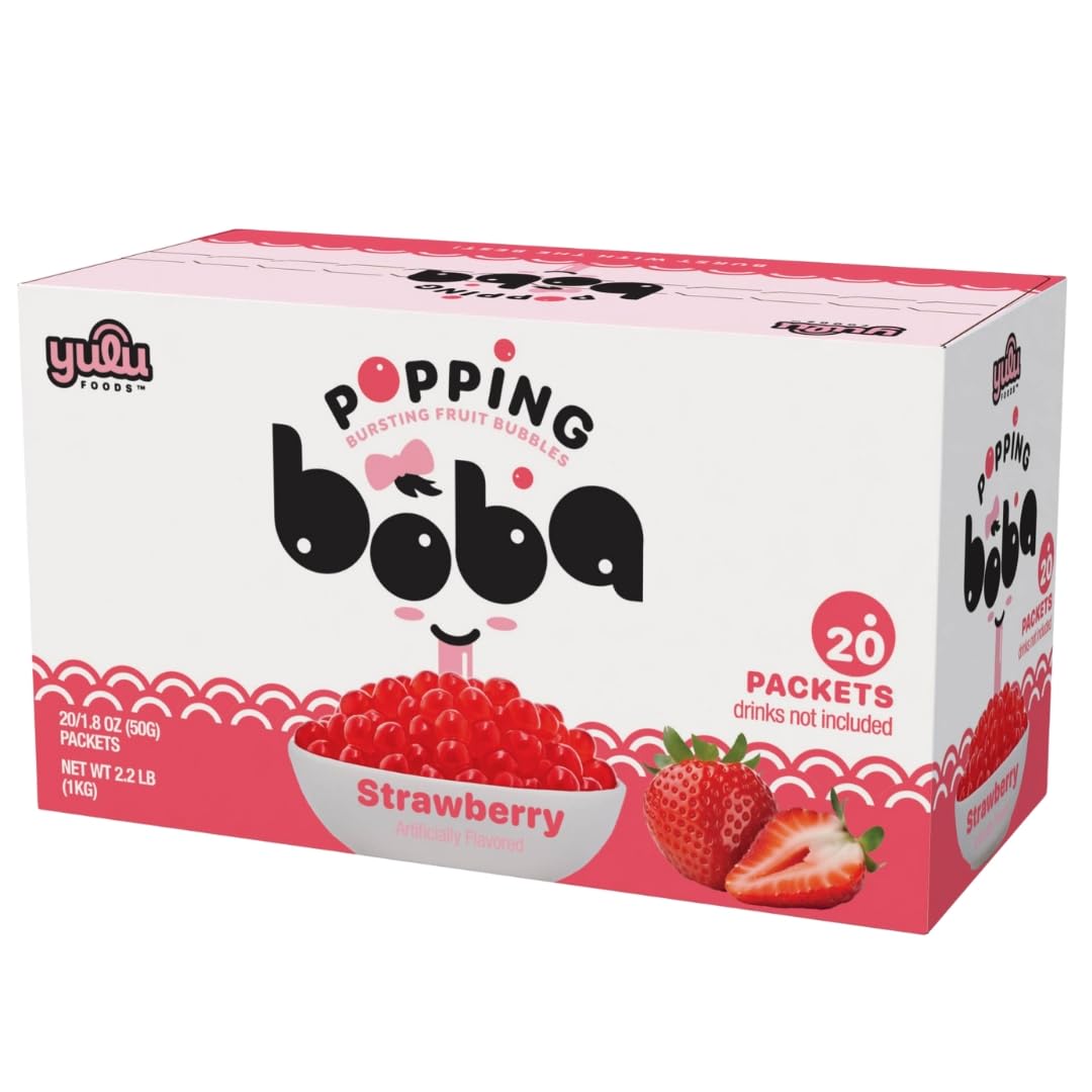 YULU FOODS Strawberry Popping Boba Pearls – Bursting Fruit Bubbles (20 Pack) – Ready to Eat