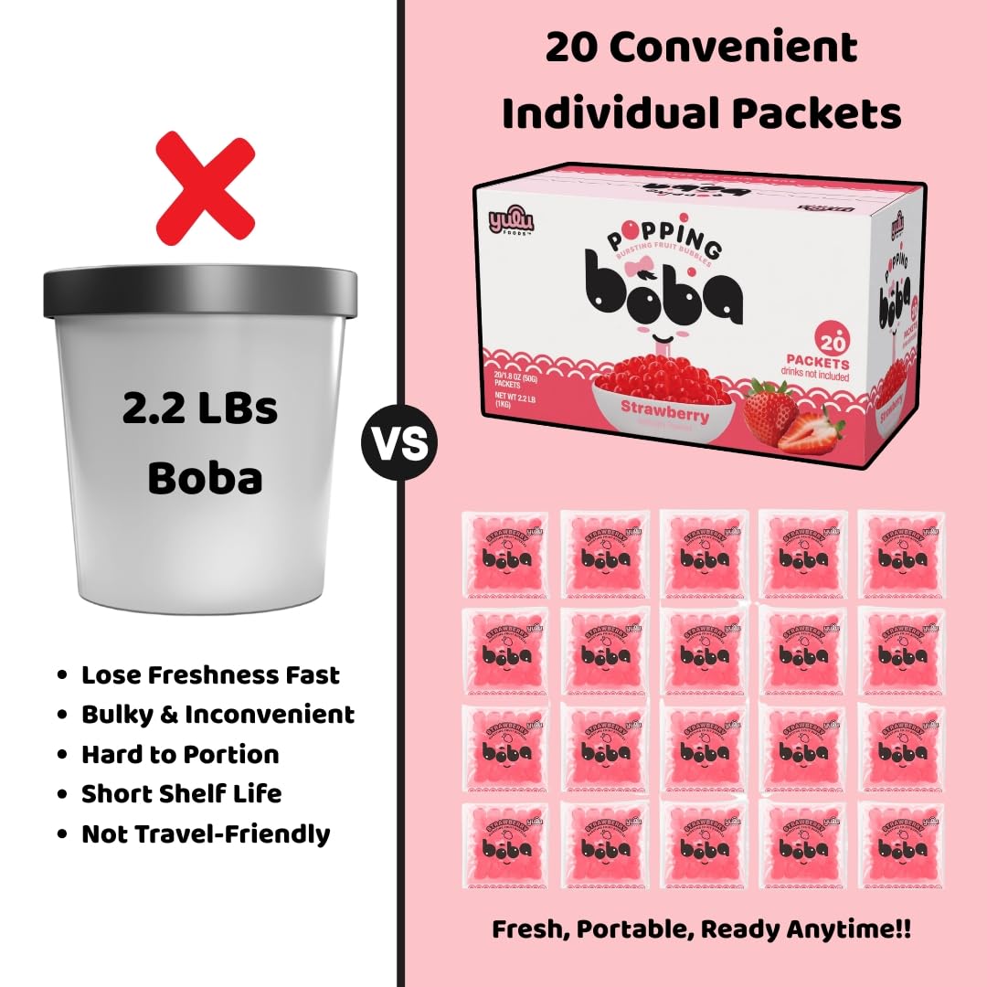 YULU FOODS Strawberry Popping Boba Pearls – Bursting Fruit Bubbles (20 Pack) – Ready to Eat