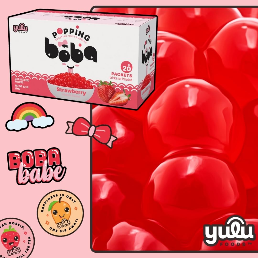 YULU FOODS Strawberry Popping Boba Pearls – Bursting Fruit Bubbles (20 Pack) – Ready to Eat