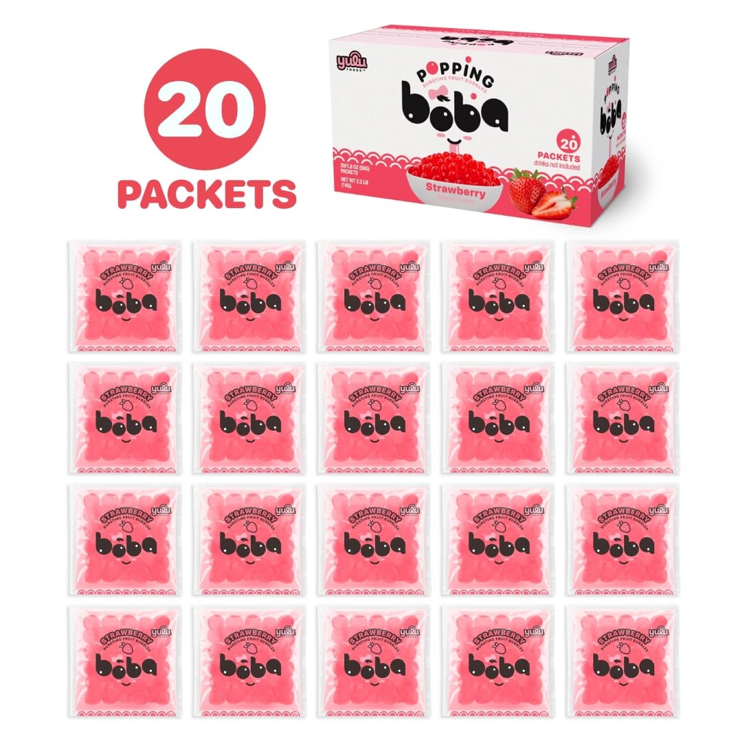 YULU FOODS Strawberry Popping Boba Pearls – Bursting Fruit Bubbles (20 Pack) – Ready to Eat