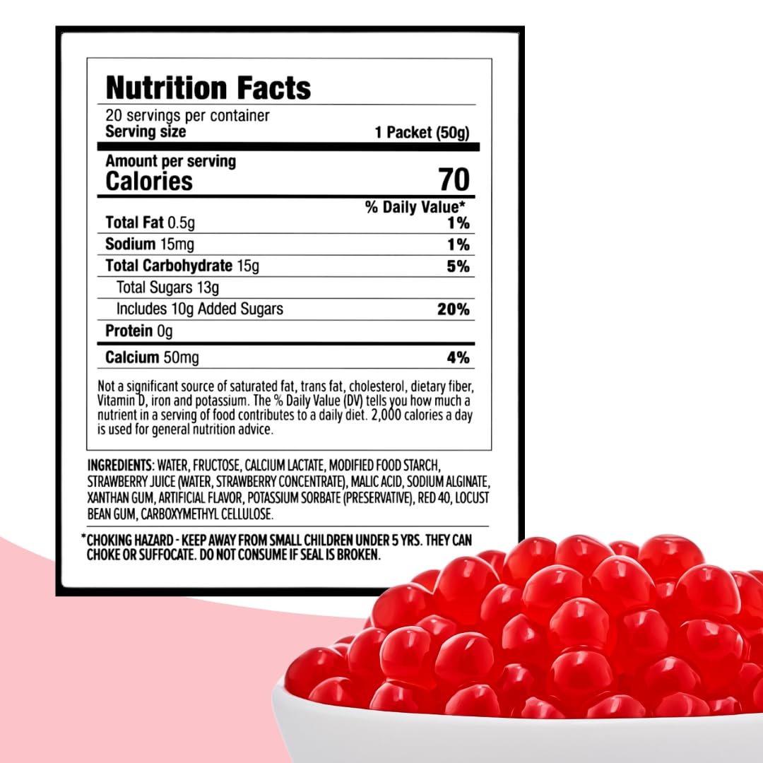 YULU FOODS Strawberry Popping Boba Pearls – Bursting Fruit Bubbles (20 Pack) – Ready to Eat