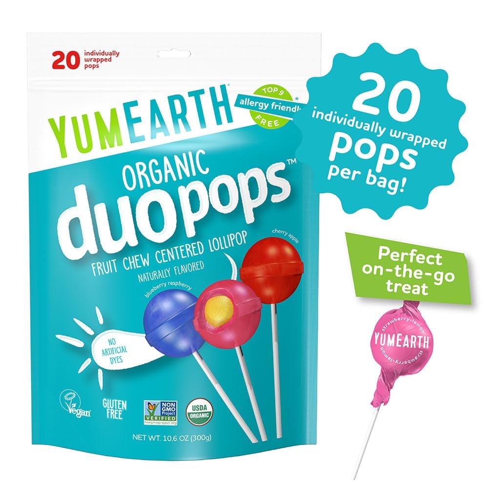 YumEarth Organic Duo Pops – Allergy-Friendly, Vegan, Gluten-Free Lollipops with Fruit Chew Centers (Pack of 3, 20 Count)