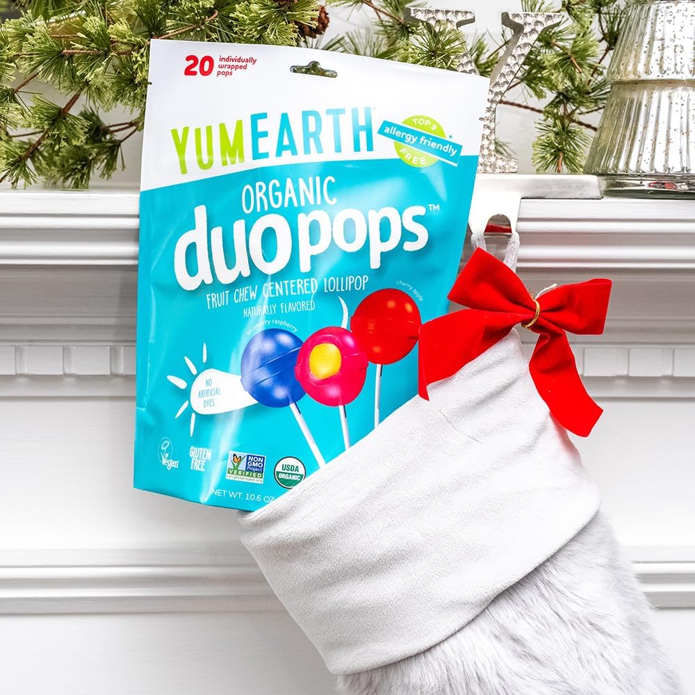 YumEarth Organic Duo Pops – Allergy-Friendly, Vegan, Gluten-Free Lollipops with Fruit Chew Centers (Pack of 3, 20 Count)