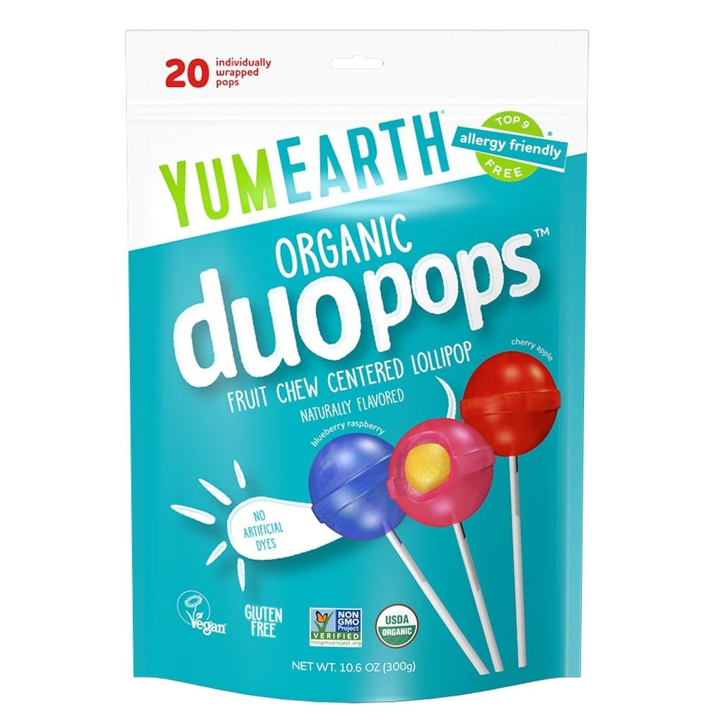 YumEarth Organic Duo Pops – Allergy-Friendly, Vegan, Gluten-Free Lollipops with Fruit Chew Centers (Pack of 3, 20 Count)