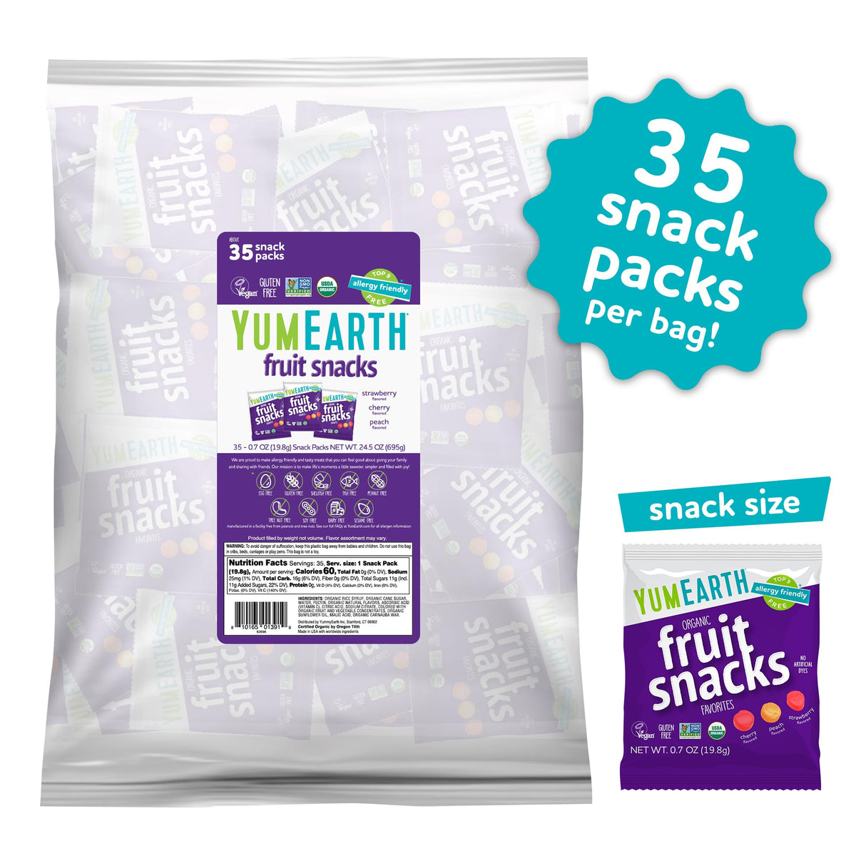 YumEarth Organic Fruit Snacks – Pack of 35, 0.7 oz, Allergy Friendly, Gluten Free, Non-GMO, Dye Free