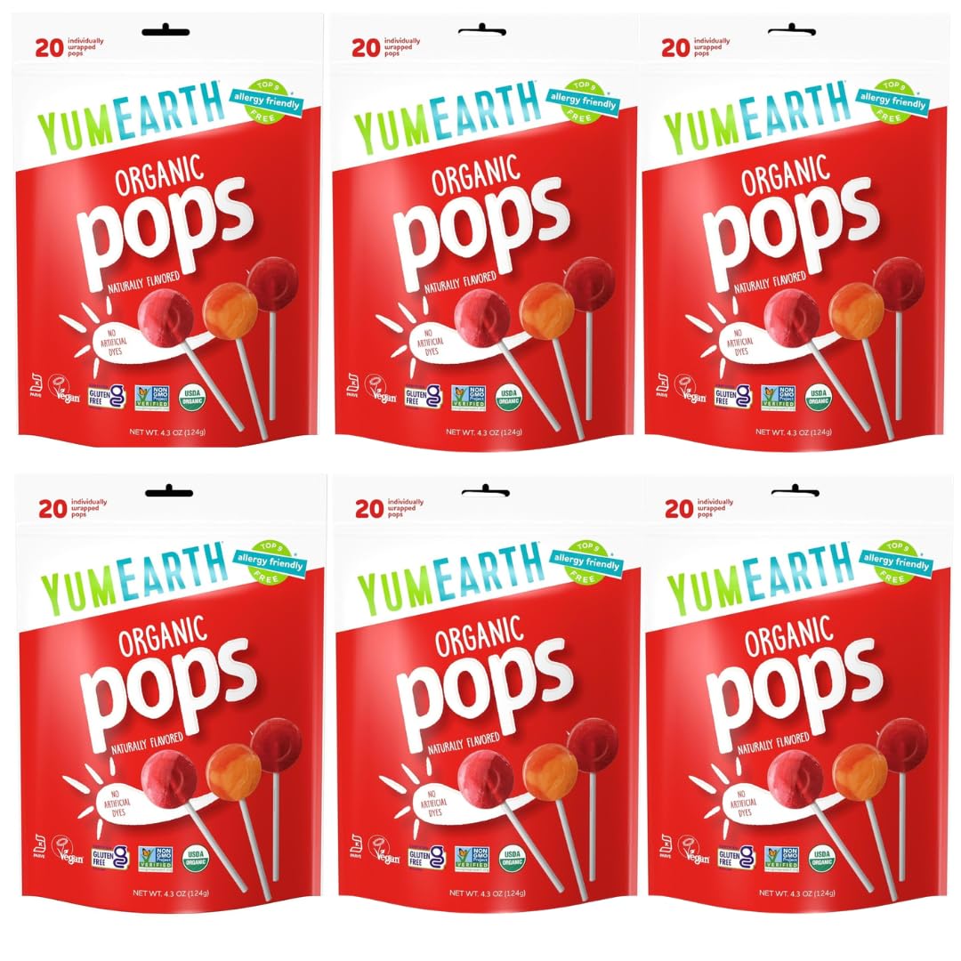 YumEarth Organic Lollipops – Assorted Flavors, 6-Pack (120 Lollipops) | Allergy Friendly, Non-GMO, Gluten Free, Vegan Candy