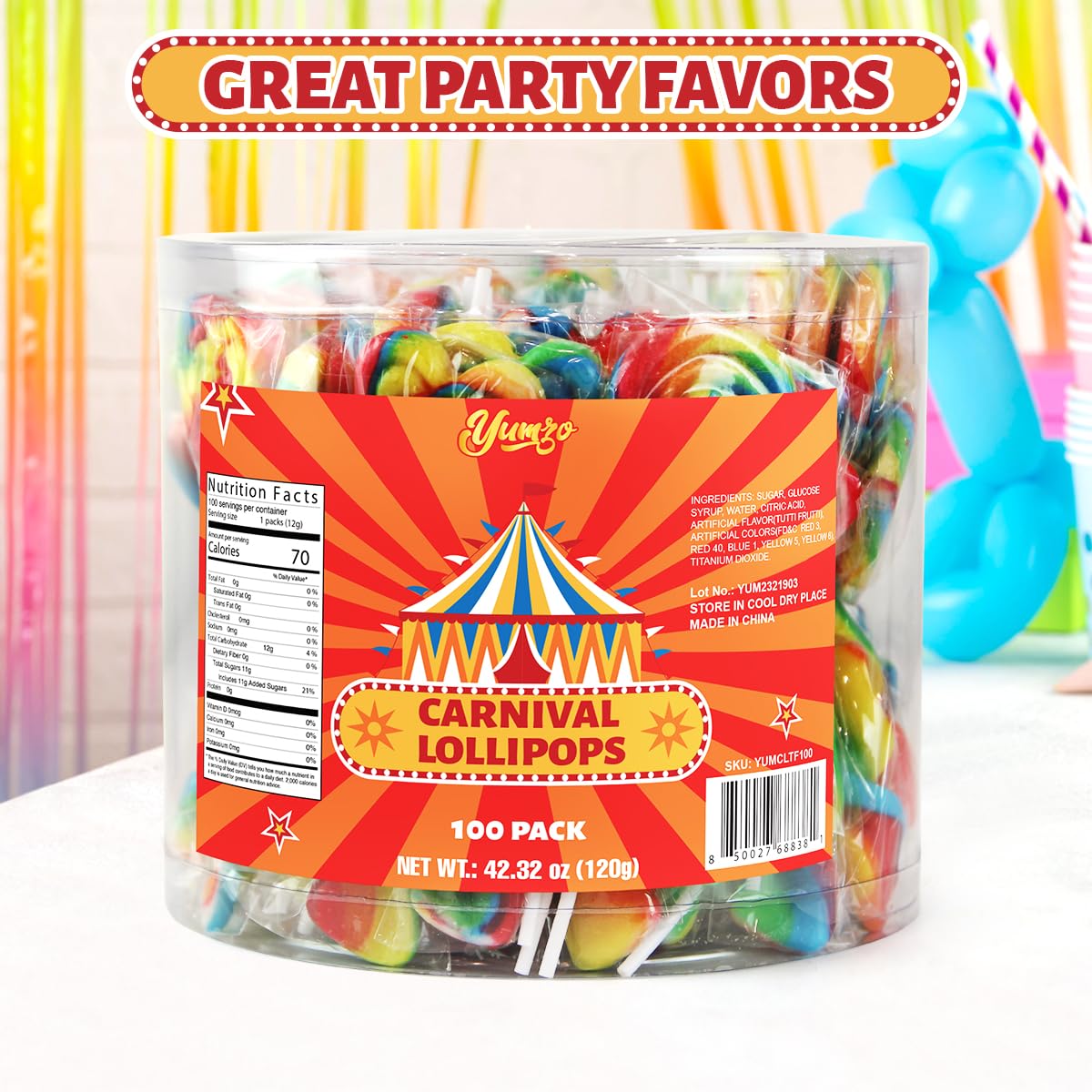 Yumzo Carnival Lollipops Rainbow Twist – 100 Count, Individually Wrapped Unicorn Party Favors