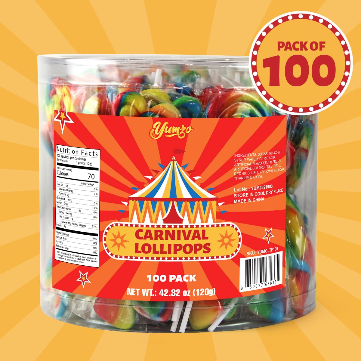 Yumzo Carnival Lollipops Rainbow Twist – 100 Count, Individually Wrapped Unicorn Party Favors