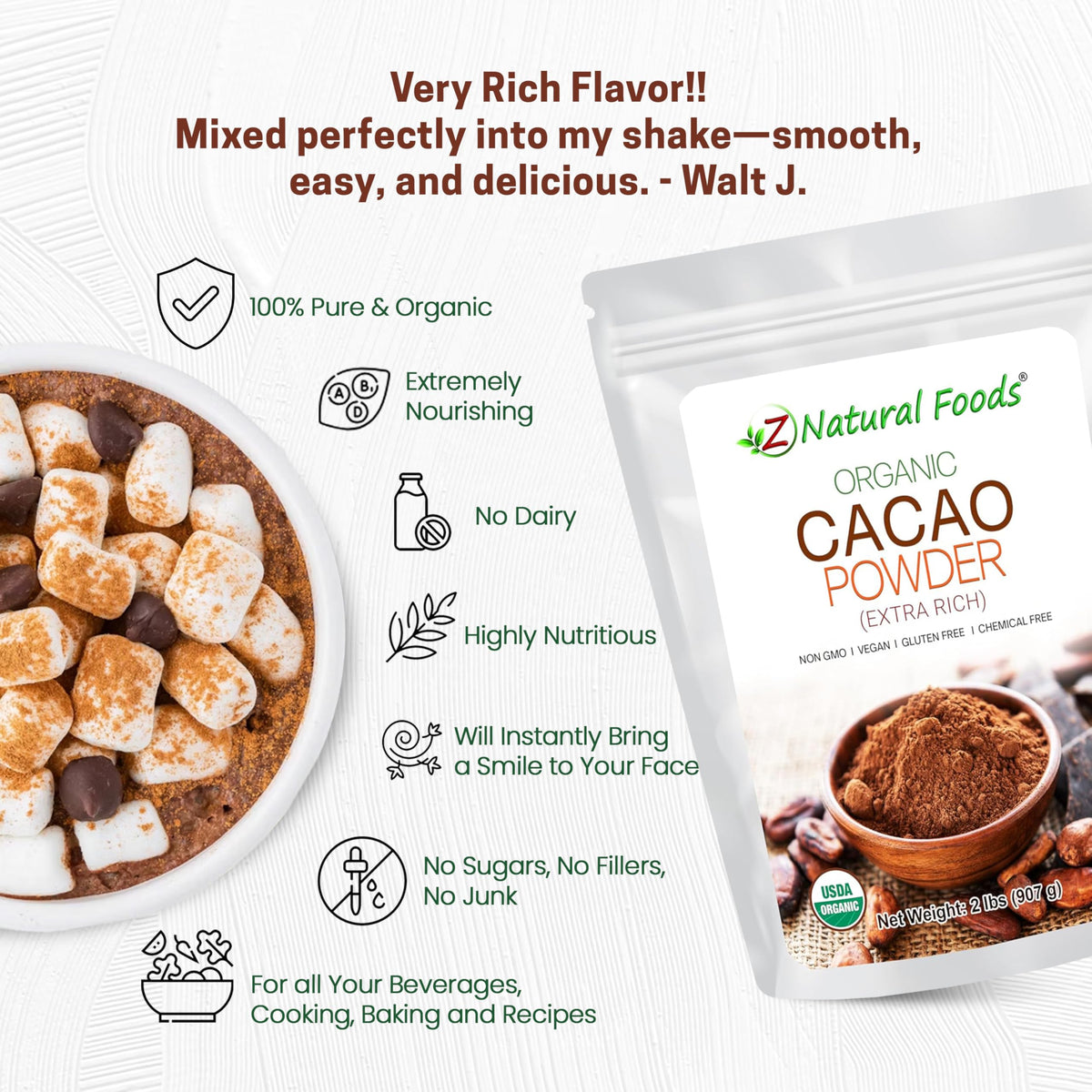 Z Natural Foods Organic Cacao Powder — Extra-Rich Dark Chocolate Flavor, 2 lbs (Non-GMO, Vegan, Gluten-Free, Kosher)