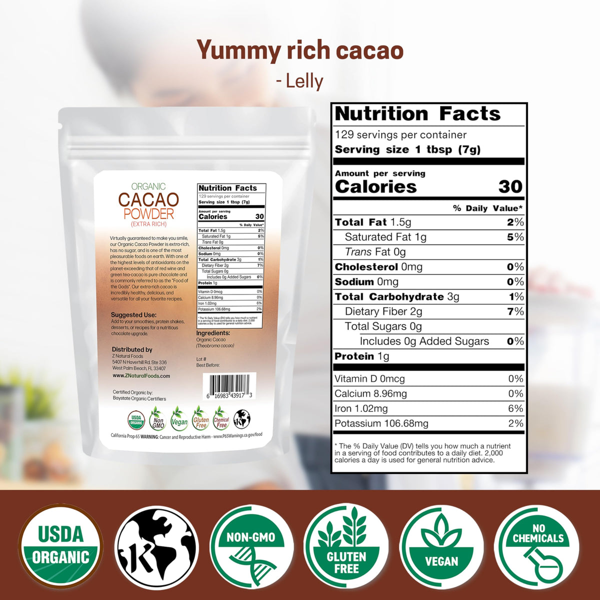 Z Natural Foods Organic Cacao Powder — Extra-Rich Dark Chocolate Flavor, 2 lbs (Non-GMO, Vegan, Gluten-Free, Kosher)