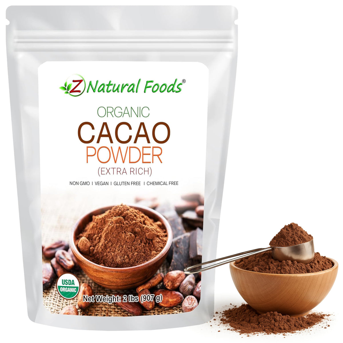 Z Natural Foods Organic Cacao Powder — Extra-Rich Dark Chocolate Flavor, 2 lbs (Non-GMO, Vegan, Gluten-Free, Kosher)