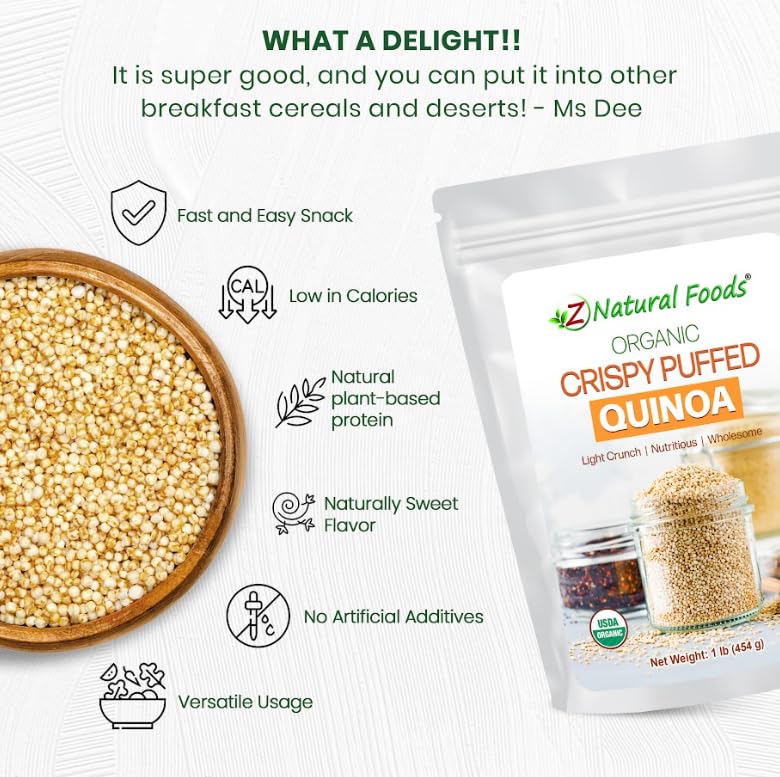 Z Natural Foods Organic Crispy Puffed Quinoa – Real Crisped Quinoa Vegan Superfood Snacks