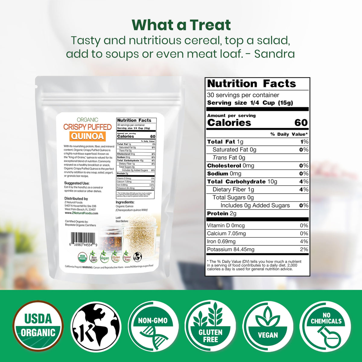 Z Natural Foods Organic Crispy Puffed Quinoa – Real Crisped Quinoa Vegan Superfood Snacks