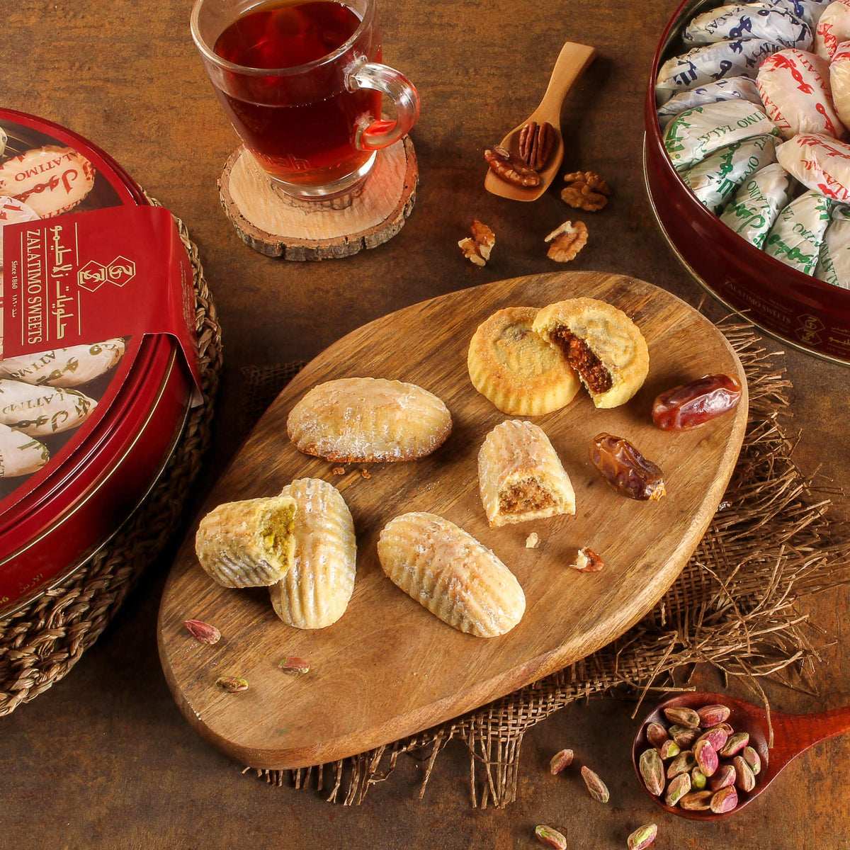 Zalatimo Mixed Mamoul Cookies 1kg – Handmade Pistachio, Walnut & Date Shortbread in Gift Tin