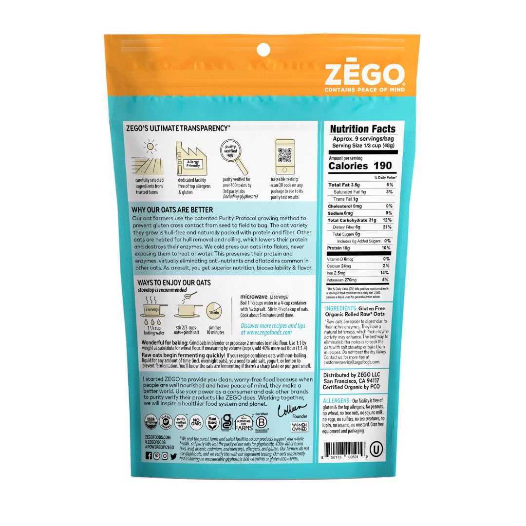 ZEGO Double Protein Raw Oats – Organic, Gluten Free, Glyphosate Free (28oz Bundle, 2x14oz)