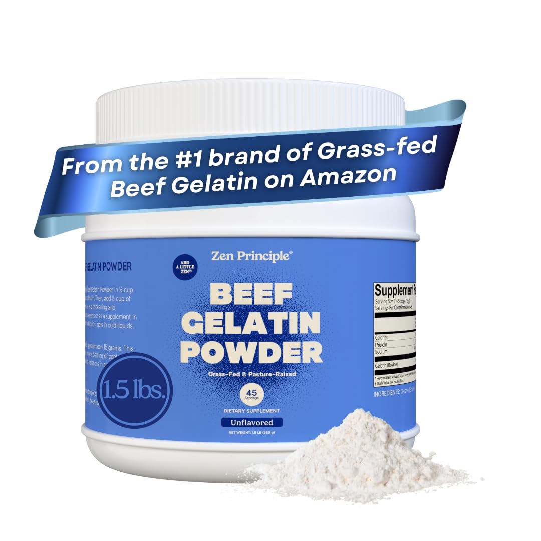 Zen Principle Grass-Fed Gelatin Powder – 1.5 lb, Unflavored, Keto & Paleo Friendly, 13g Protein per Serving