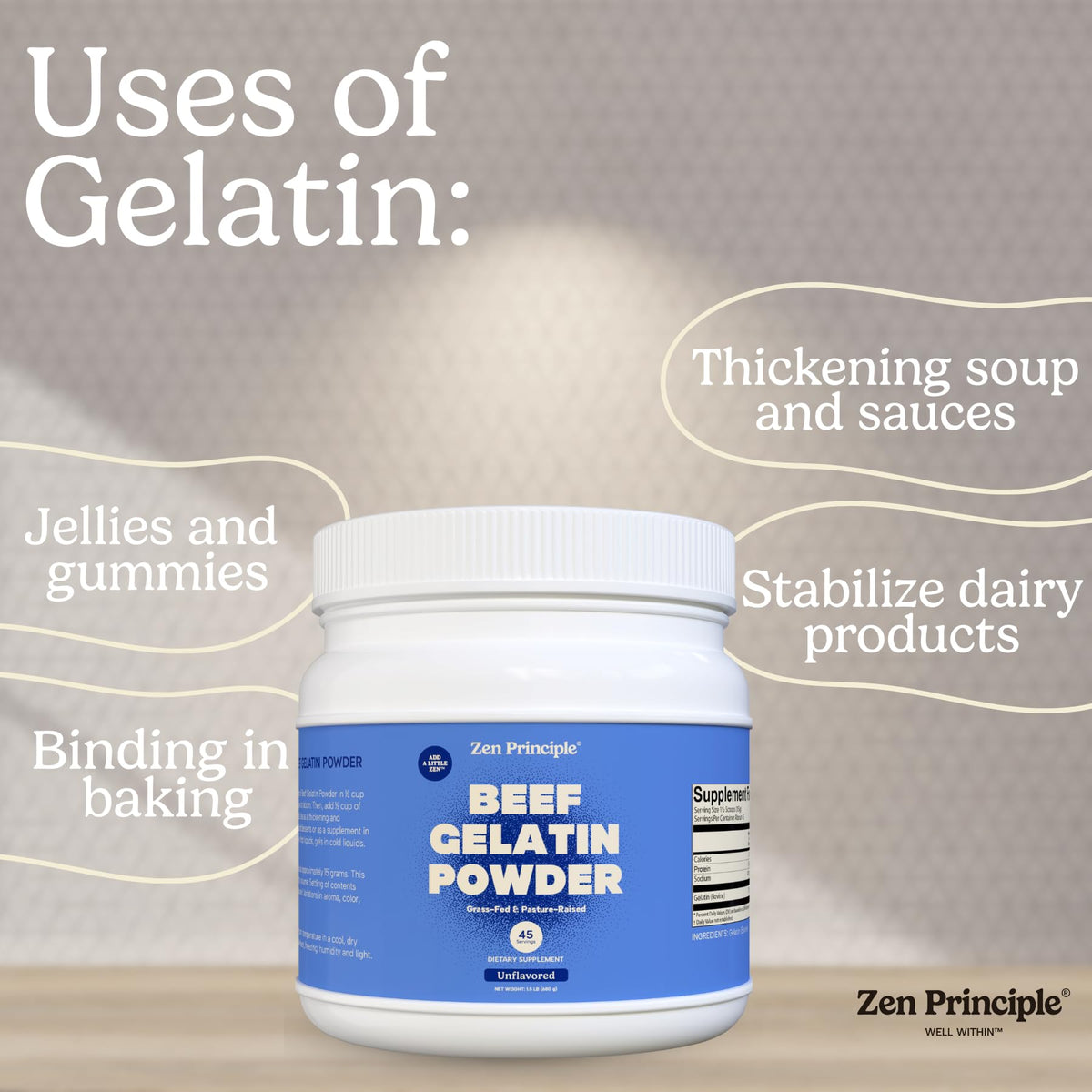 Zen Principle Grass-Fed Gelatin Powder – 1.5 lb, Unflavored, Keto & Paleo Friendly, 13g Protein per Serving