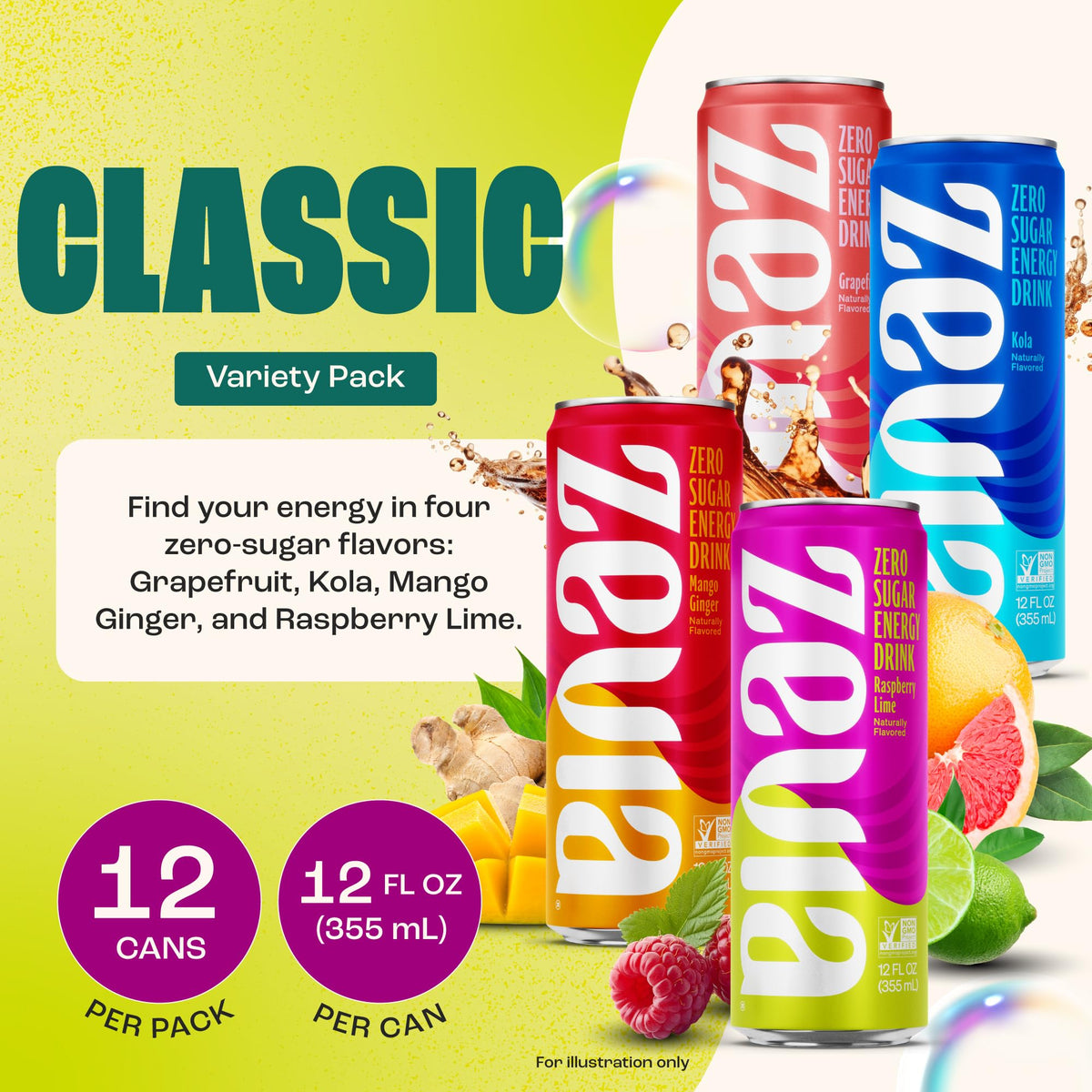 Zevia Zero Sugar Energy Drink – Classic Variety Pack (12-Pack, 12 oz Cans) | Naturally Sweetened, 120 mg Caffeine, Gluten-Free, Vegan