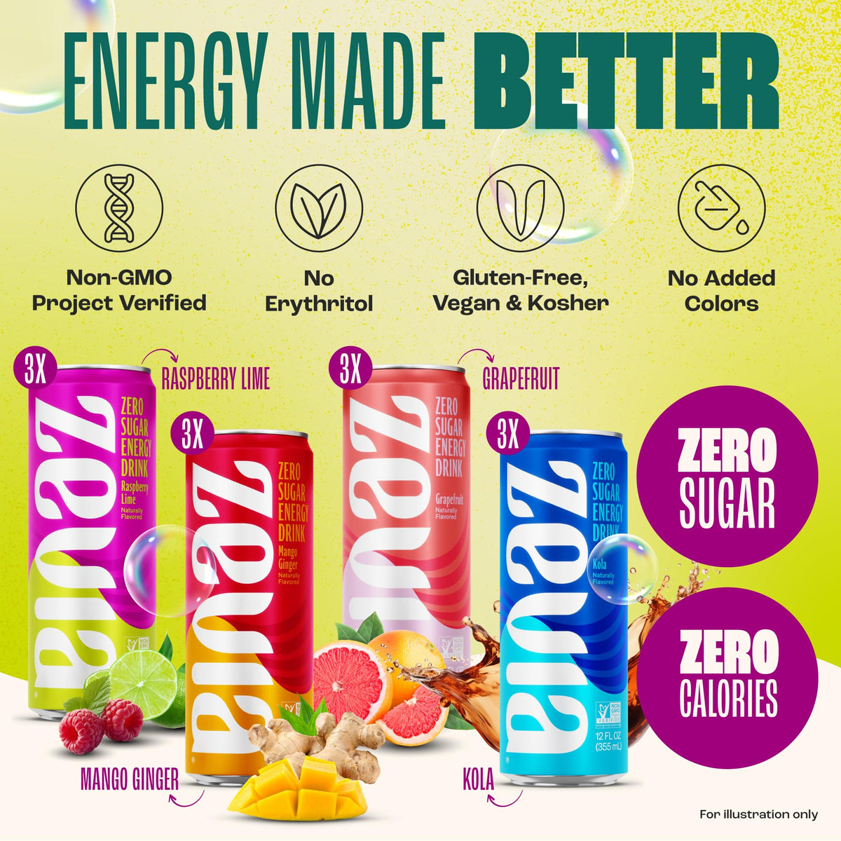 Zevia Zero Sugar Energy Drink – Classic Variety Pack (12-Pack, 12 oz Cans) | Naturally Sweetened, 120 mg Caffeine, Gluten-Free, Vegan