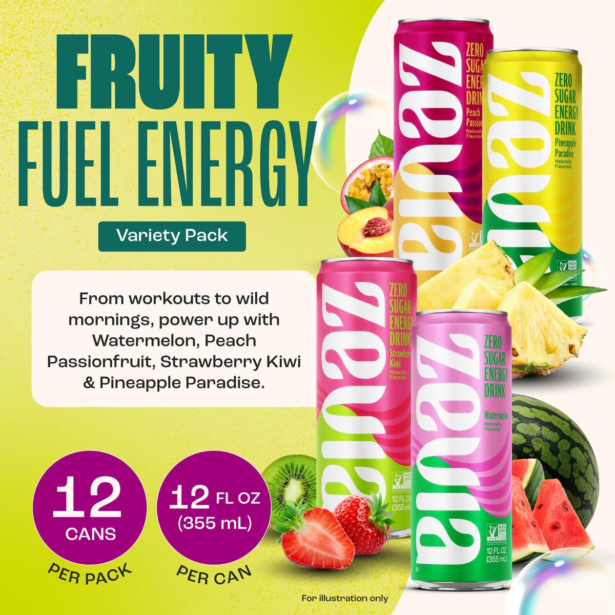 Zevia Zero Sugar Energy Drink – Fruity Fuel Variety Pack (12 oz Cans) – Naturally Sweetened, Non-GMO Project Verified, Gluten-Free, Vegan