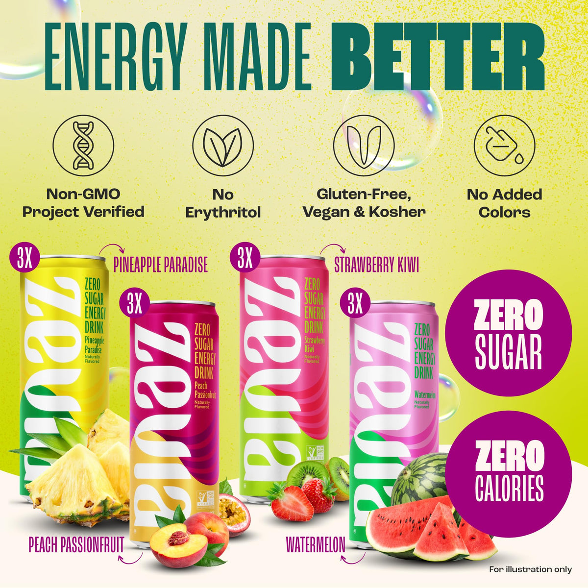 Zevia Zero Sugar Energy Drink – Fruity Fuel Variety Pack (12 oz Cans) – Naturally Sweetened, Non-GMO Project Verified, Gluten-Free, Vegan