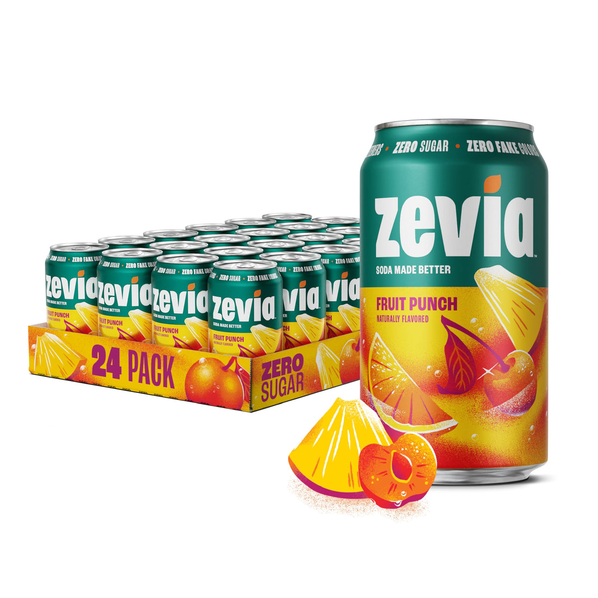 Zevia Fruit Punch Zero Sugar Soda – 24-Pack, Caffeine Free, Naturally Sweetened, Non-GMO, Gluten-Free, Vegan
