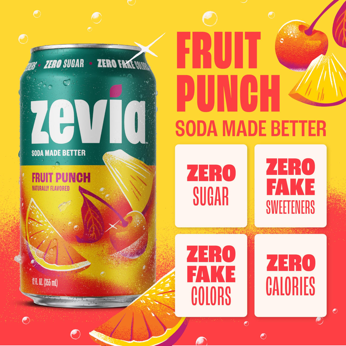 Zevia Fruit Punch Zero Sugar Soda – 24-Pack, Caffeine Free, Naturally Sweetened, Non-GMO, Gluten-Free, Vegan