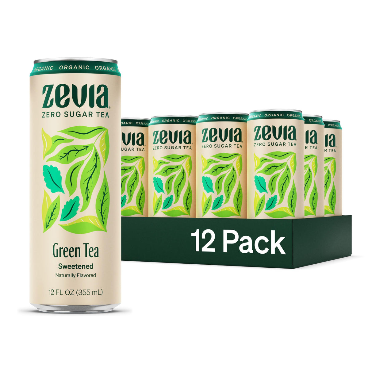 Zevia Zero Sugar Green Tea – 12 oz Cans (12-Pack) | Naturally Sweetened, Zero Calorie, Non-GMO, Gluten-Free, Vegan