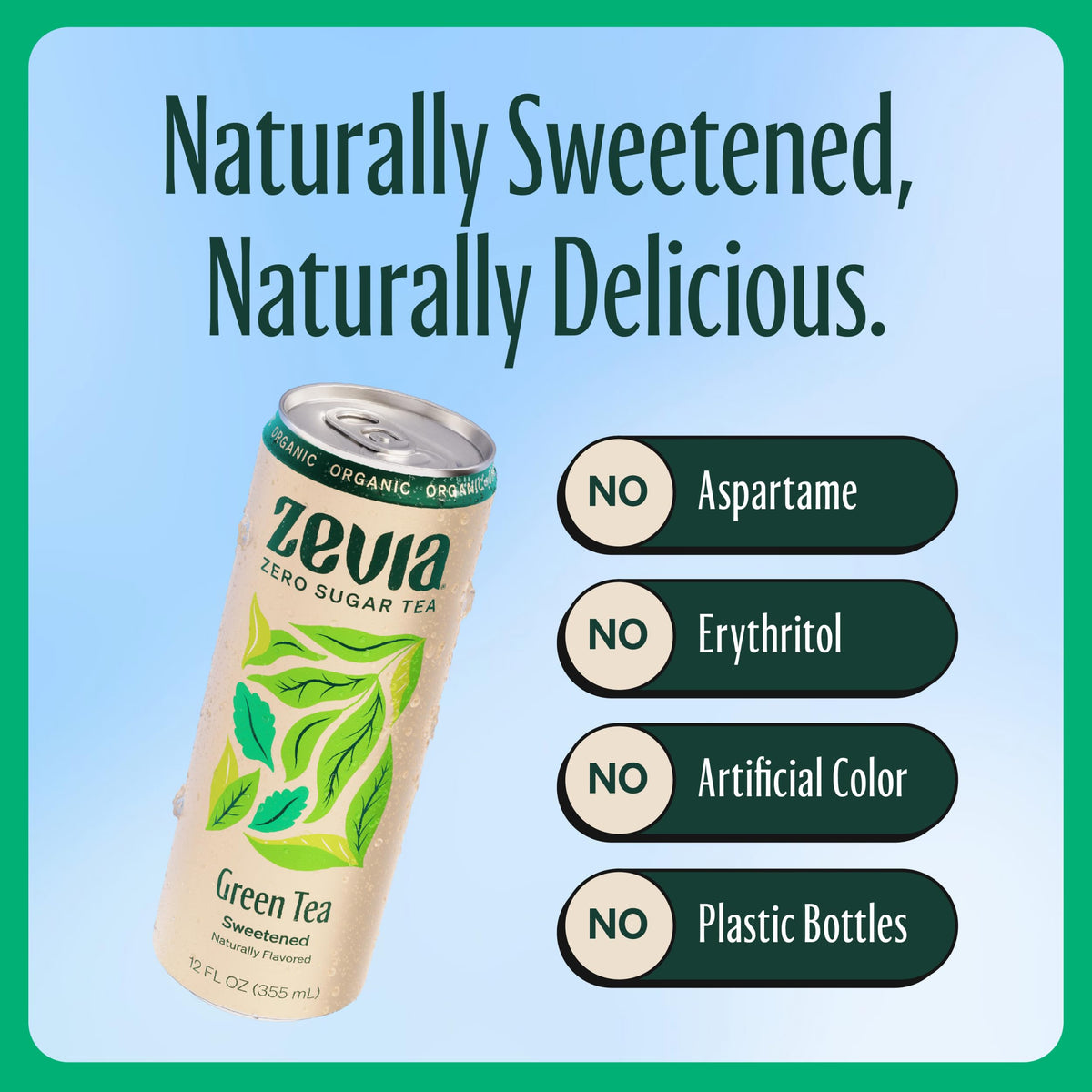 Zevia Zero Sugar Green Tea – 12 oz Cans (12-Pack) | Naturally Sweetened, Zero Calorie, Non-GMO, Gluten-Free, Vegan