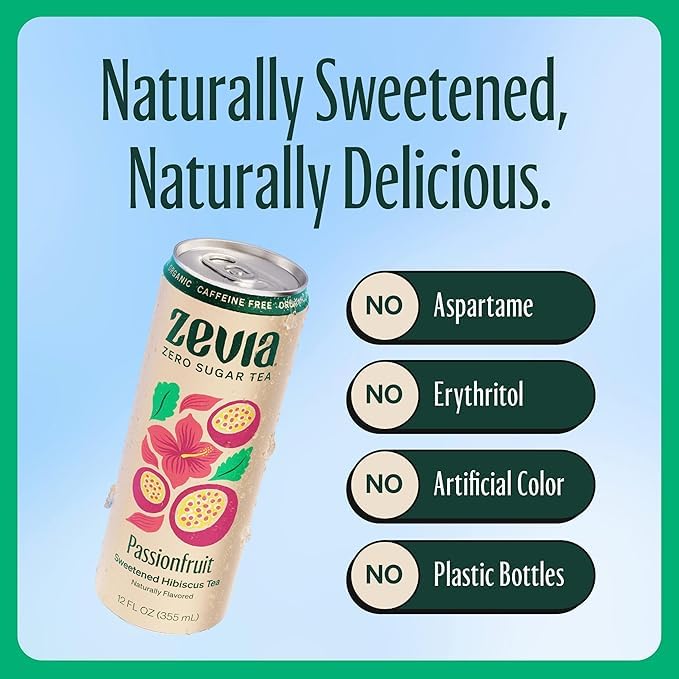 Zevia Zero Sugar Hibiscus Passionfruit Tea – Caffeine Free, 12 oz Cans (12-Pack), Naturally Sweetened