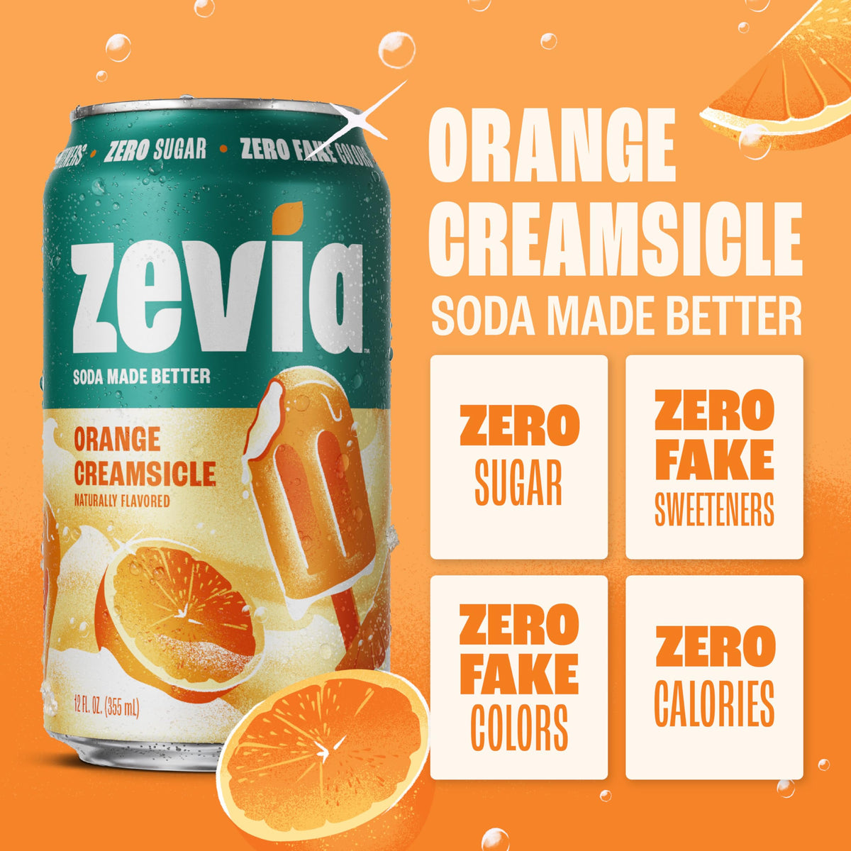 Zevia Orange Creamsicle Zero Sugar Soda – 12 oz Cans (24-Pack), Caffeine Free, Non-GMO, Gluten-Free, Vegan