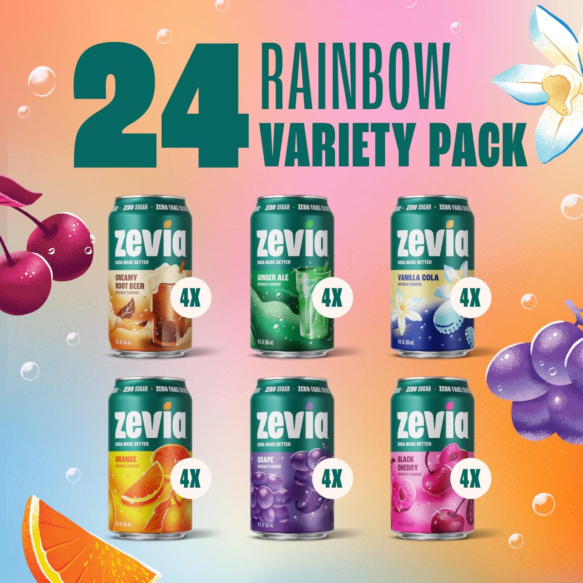 Zevia Rainbow Variety Pack – Zero Sugar Soda (24 x 12oz Cans)