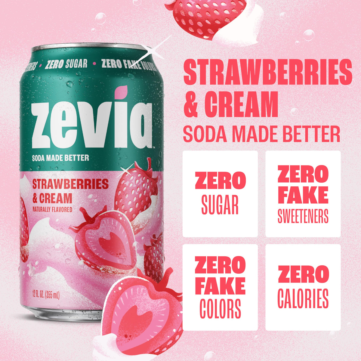 Zevia Zero Sugar Soda Strawberries & Cream – 12 oz Cans (24-Pack) | Caffeine Free, Non-GMO, Gluten-Free