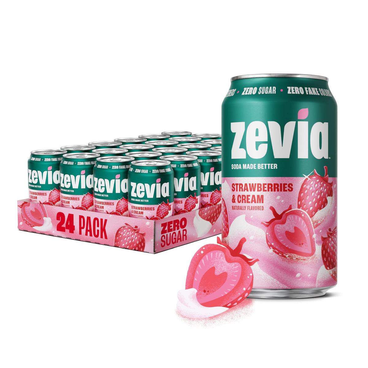 Zevia Zero Sugar Soda Strawberries & Cream – 12 oz Cans (24-Pack) | Caffeine Free, Non-GMO, Gluten-Free