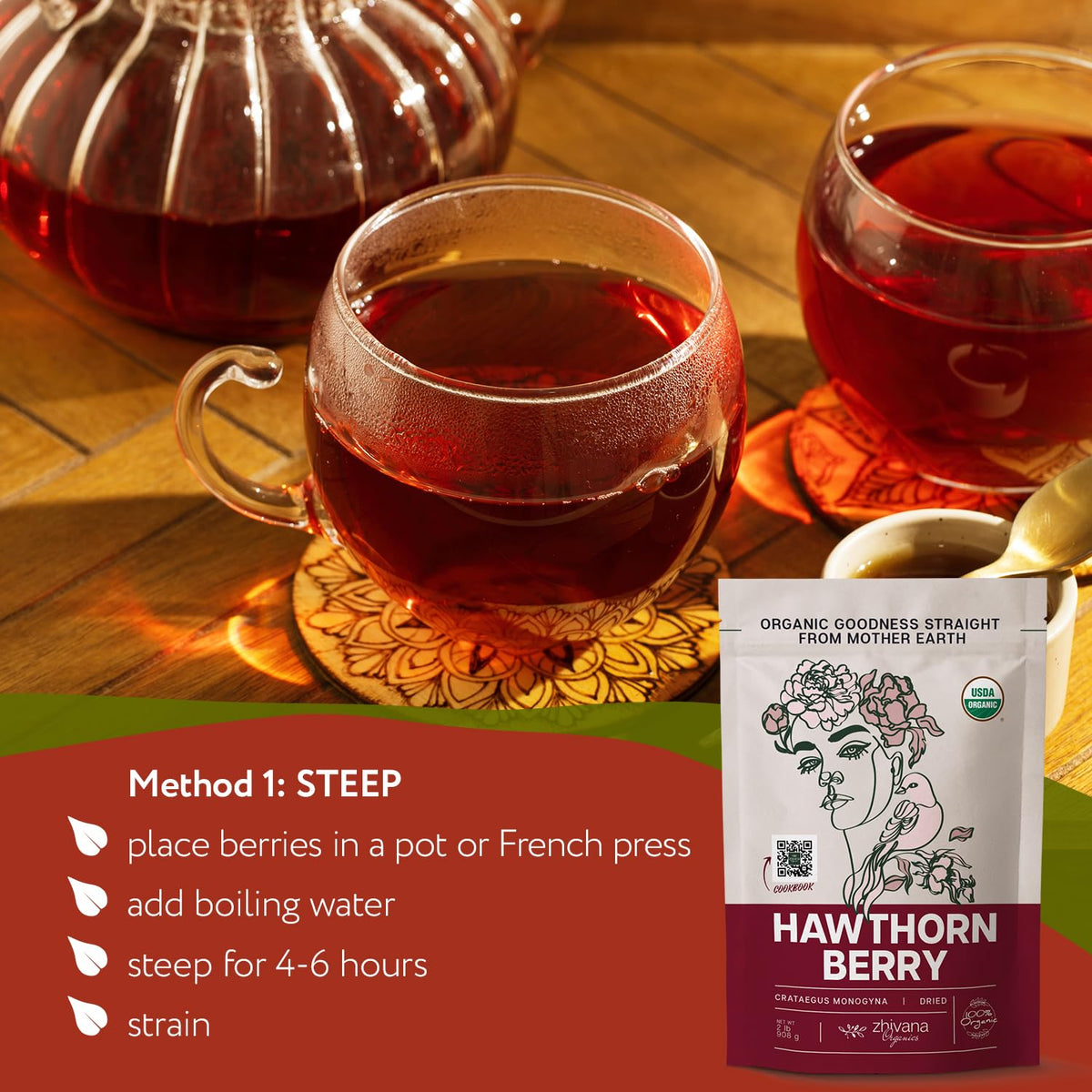 Zhivana Organics Hawthorn Berry Tea Organic (32oz) – Hawthorn Berries for Tea, Tinctures & Recipes