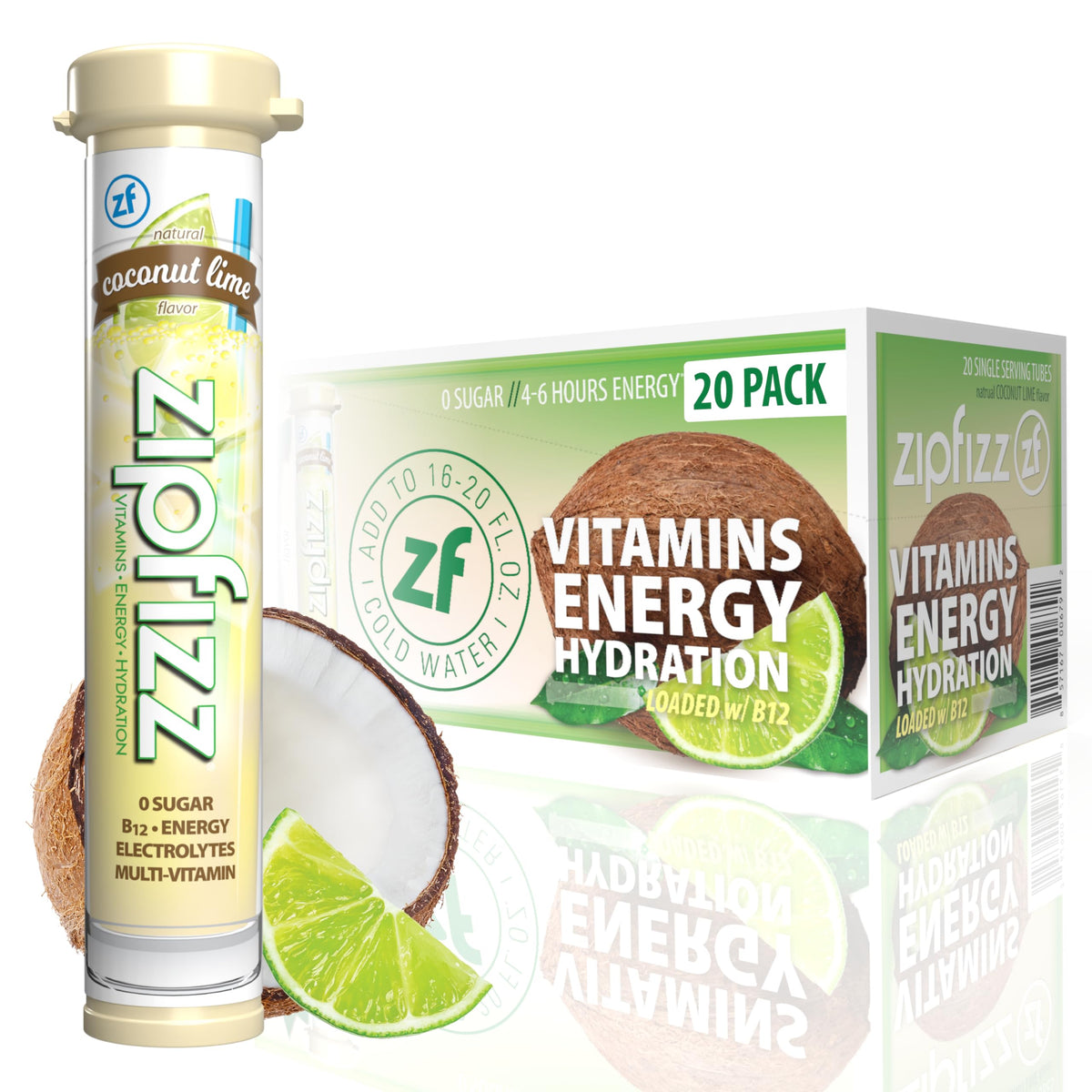 Zipfizz Daily Energy Drink Powder – Coconut Lime, 20 Pack | 3-in-1 Energy, Hydration & Vitamins | Sugar-Free