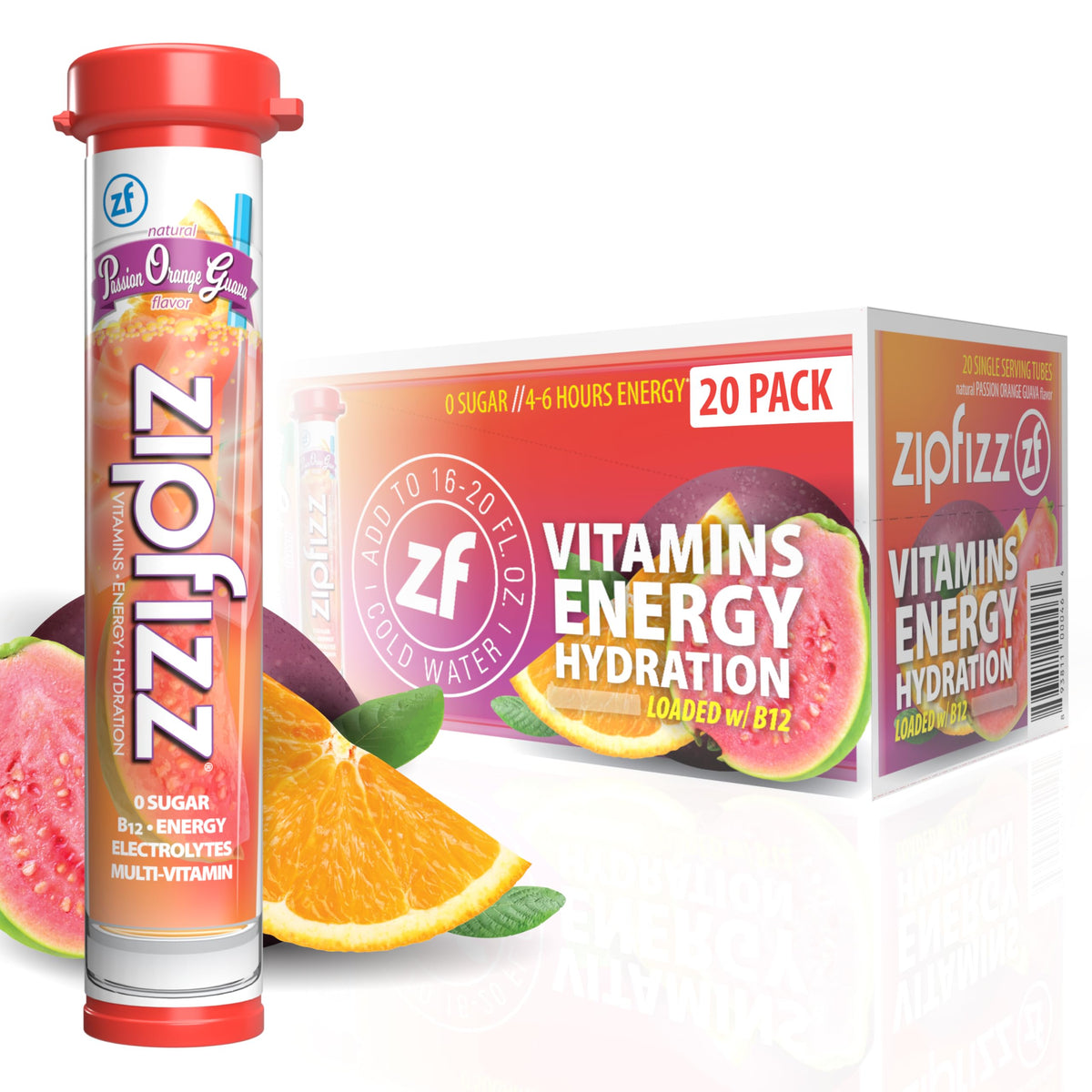 Zipfizz Daily Energy Drink Powder – Passion Orange Guava, 20 Pack | Sugar-Free, 3-in-1 Energy, Hydration & Vitamins