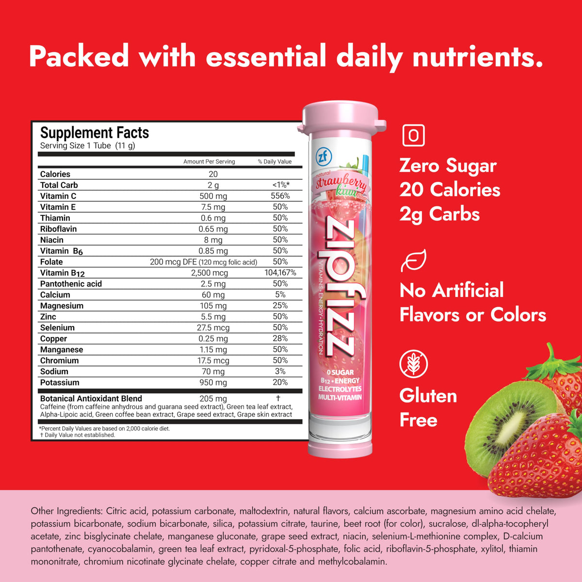 Zipfizz Daily Energy Drink Powder – Strawberry Kiwi, 20 Pack | 3-in-1 Energy & Hydration Sugar-Free
