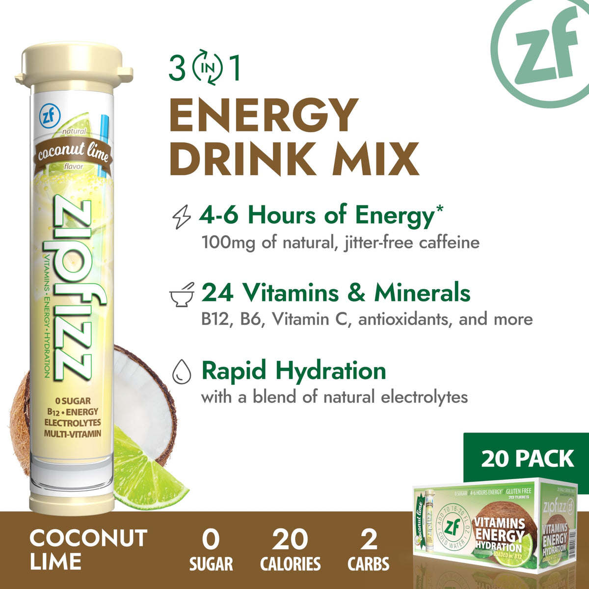 Zipfizz Daily Energy Drink Powder – Coconut Lime, 20 Pack | 3-in-1 Energy, Hydration & Vitamins | Sugar-Free