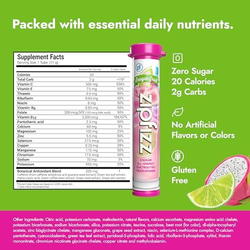 Zipfizz Dragon Fruit Lime Daily Energy Powder (20 Pack) – 3-in-1 Energy, Hydration & Vitamins | Sugar-Free